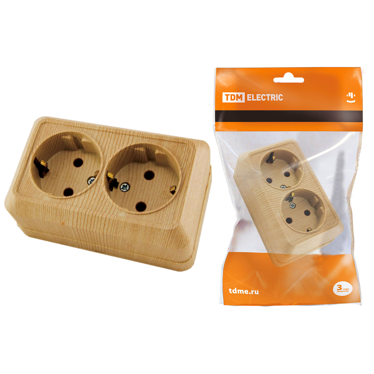 Розетка двойная с заземл. откр. уст. 16а 250в ip20 (керам) "ладога" сосна (1/10/100) tdm sq1801-0413