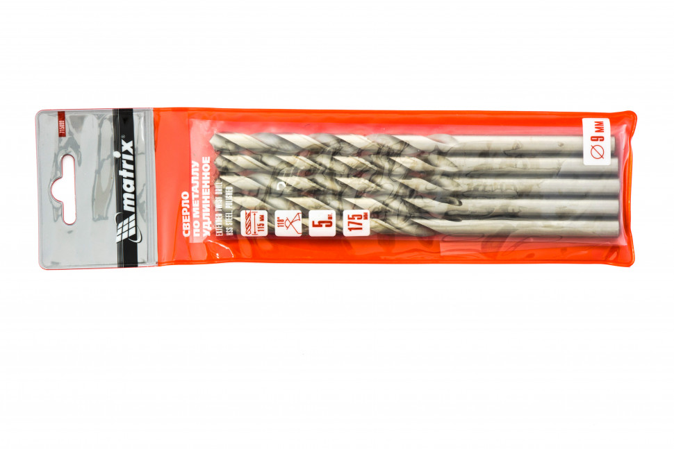 Сверло по металлу, 9 х 175 мм, полированное, удл, HSS, 5 шт, цилиндрический хвостовик Matrix (715090)