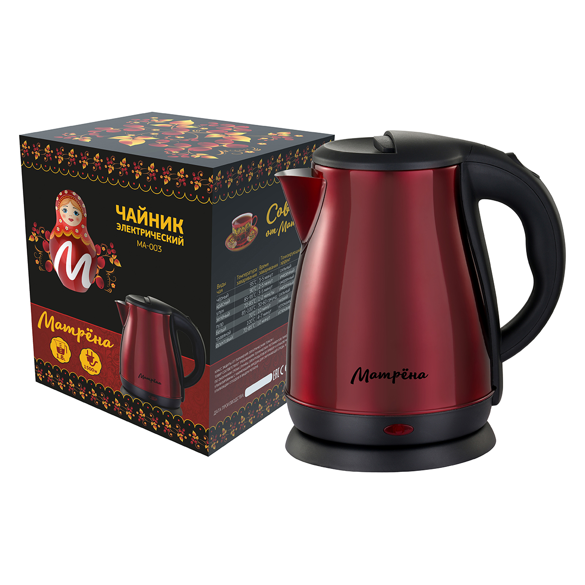 Чайник электр. "матрёна" ma-003 1,8 л (1/12) сталь (бордовый)