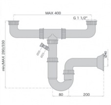 Сифон "U" для сдвоенной мойки с подводкой для шланга и накидными гайками 1"1/2х40мм M0457 MIANO