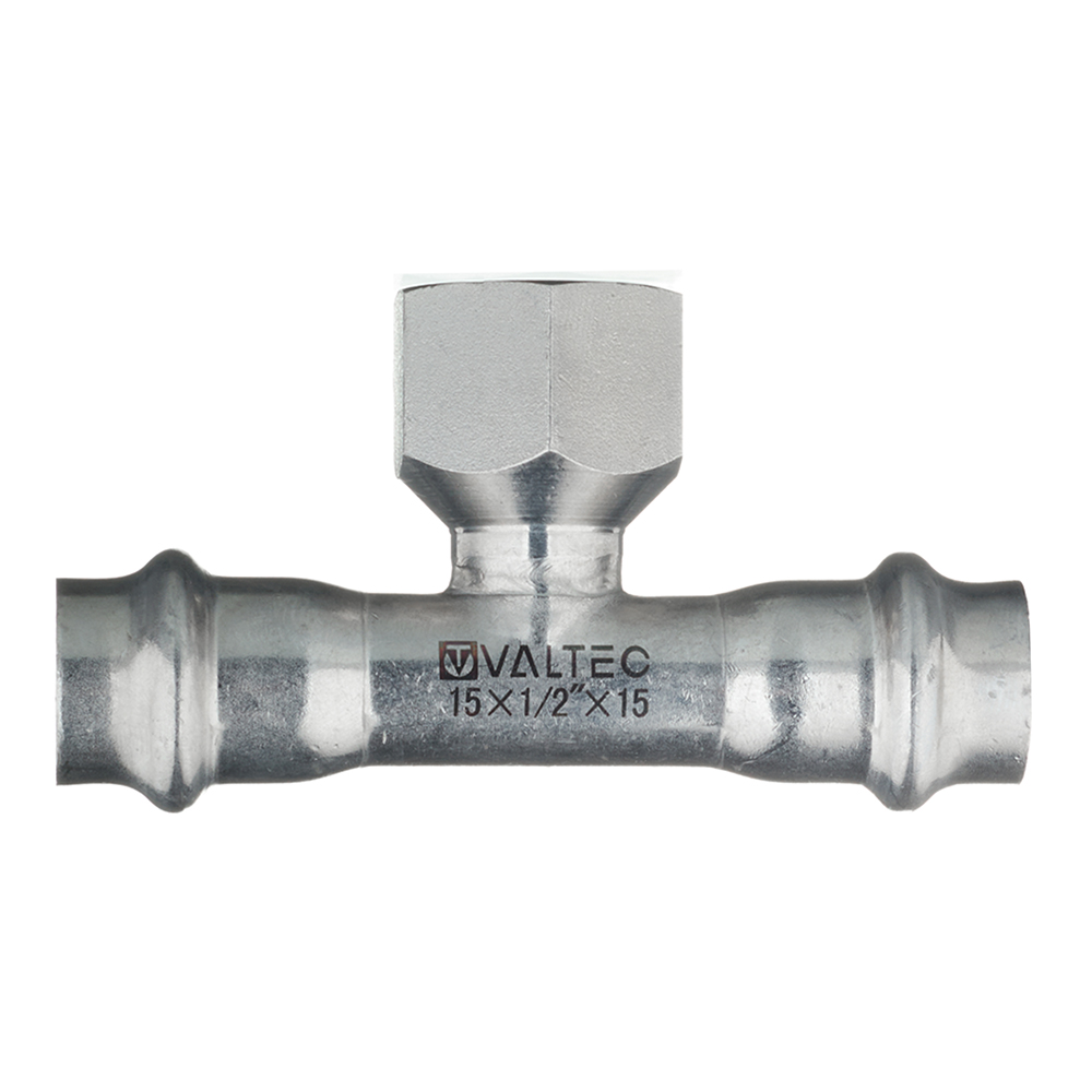 Тройник В-пресс 15 x 1/2" x 15 нержавеющая сталь VALTEC
