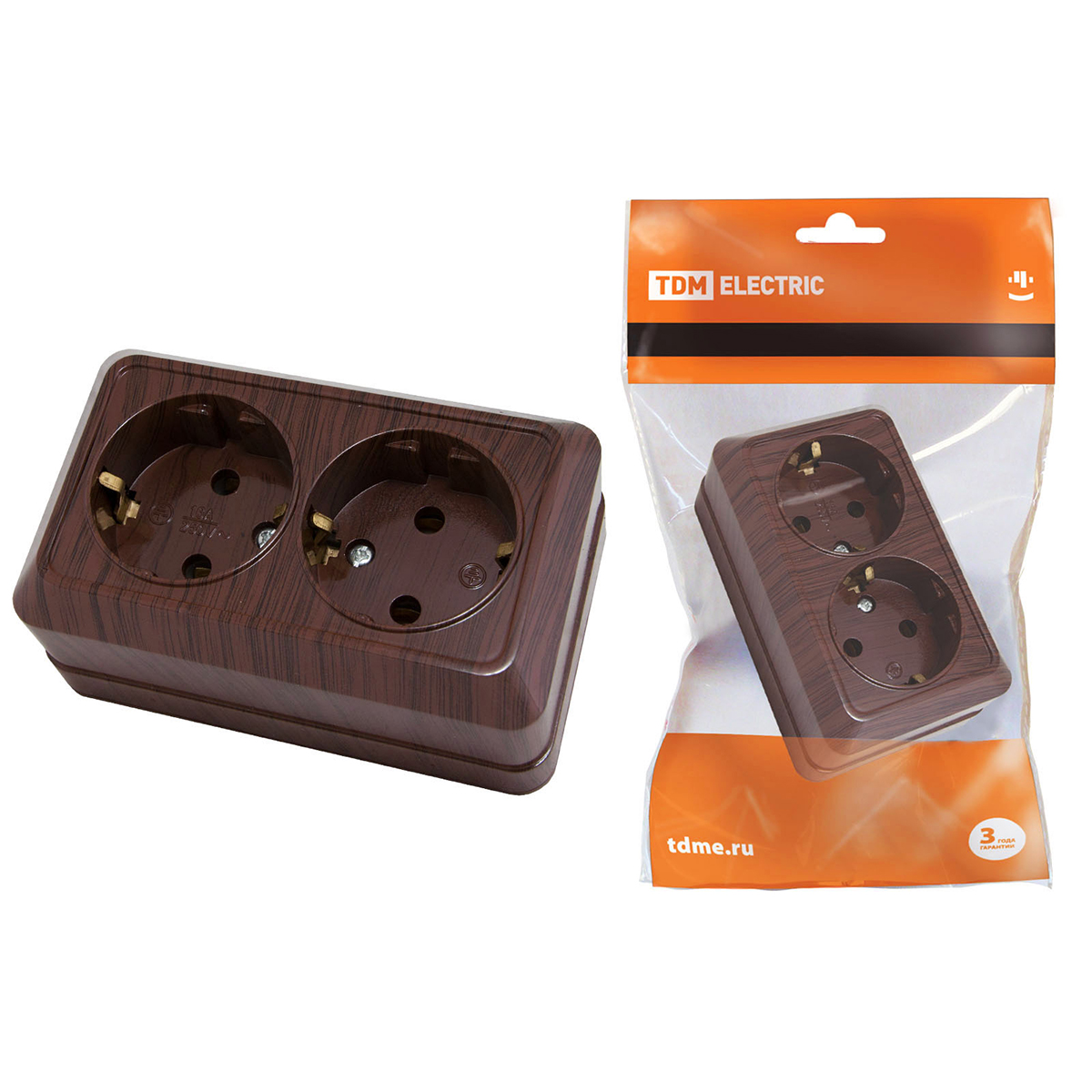 Розетка двойная с заземл. откр. уст. 16а 250в ip20 "ладога", бук (1/10/100) tdm sq1801-0036