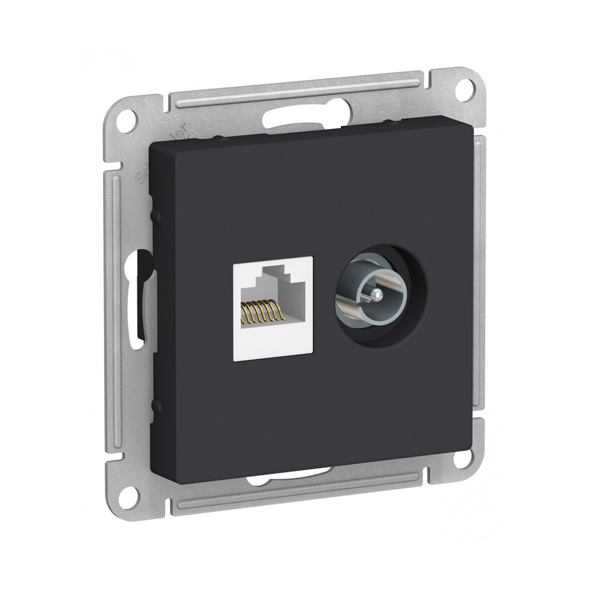 Розетка компьютерная и телевизионная "atlasdesign" tv+rj45 (механизм) карбон (1/5/20) "schneider"