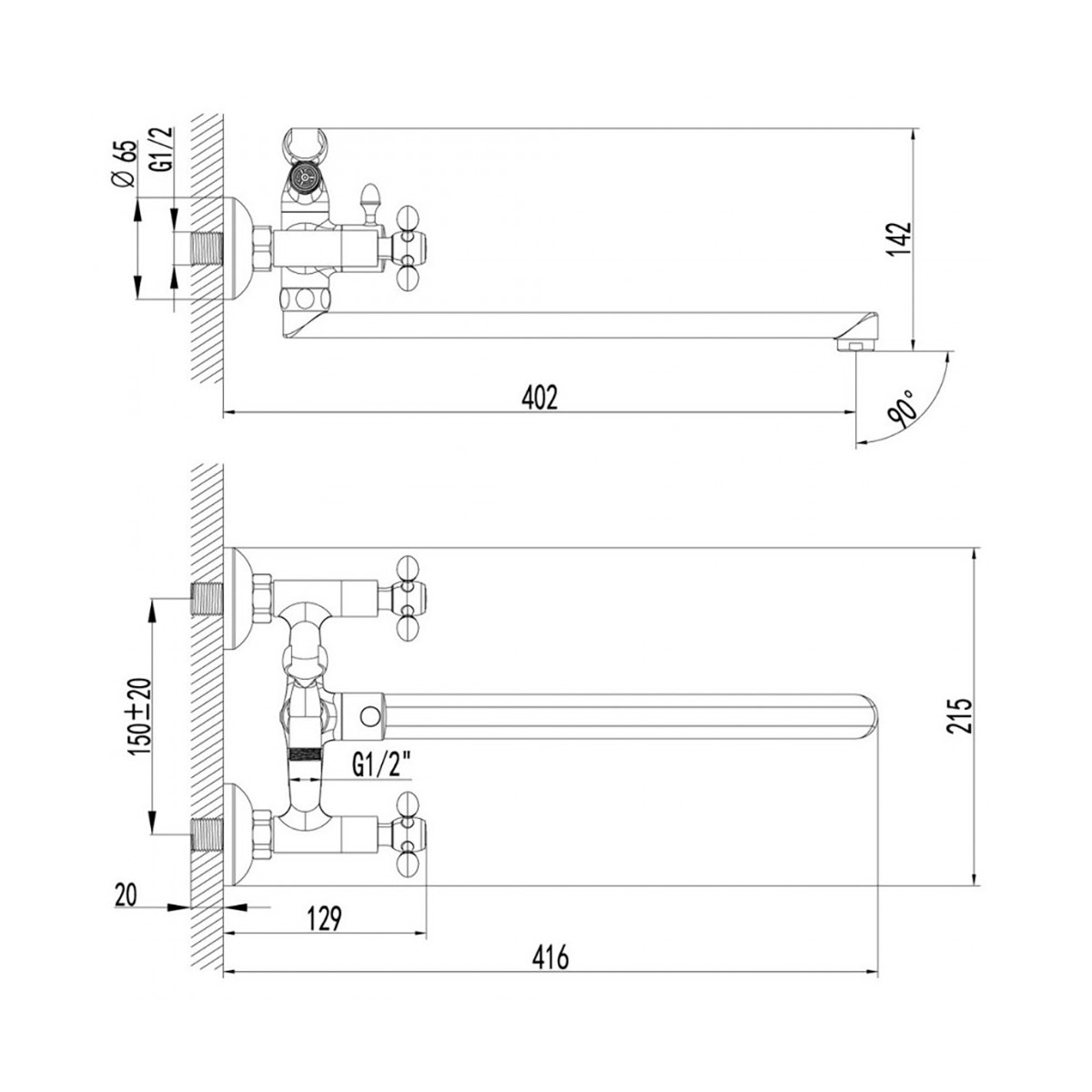 Смеситель для ванн "vista"  lm7651c  длинный плоский излив, двухвентильный (1/8) "lemark"