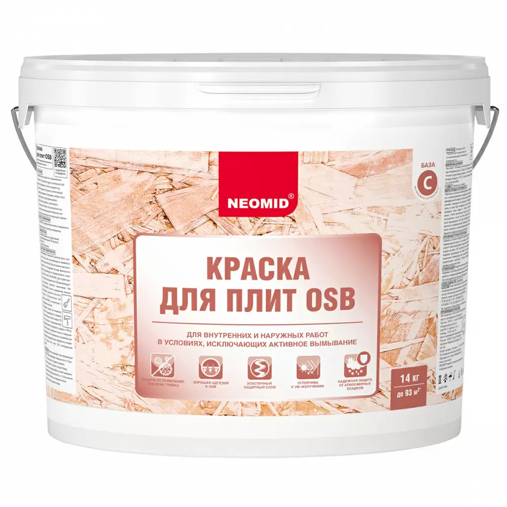 NEOMID краска для OSB-плит и SIP панелей, для наружных и внутренних работ, полуматовая, база C(14кг)