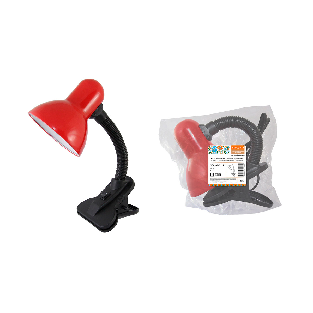 Лампа настольная прищепка 40вт, e27, красная (1/24) народная sq0337-0127