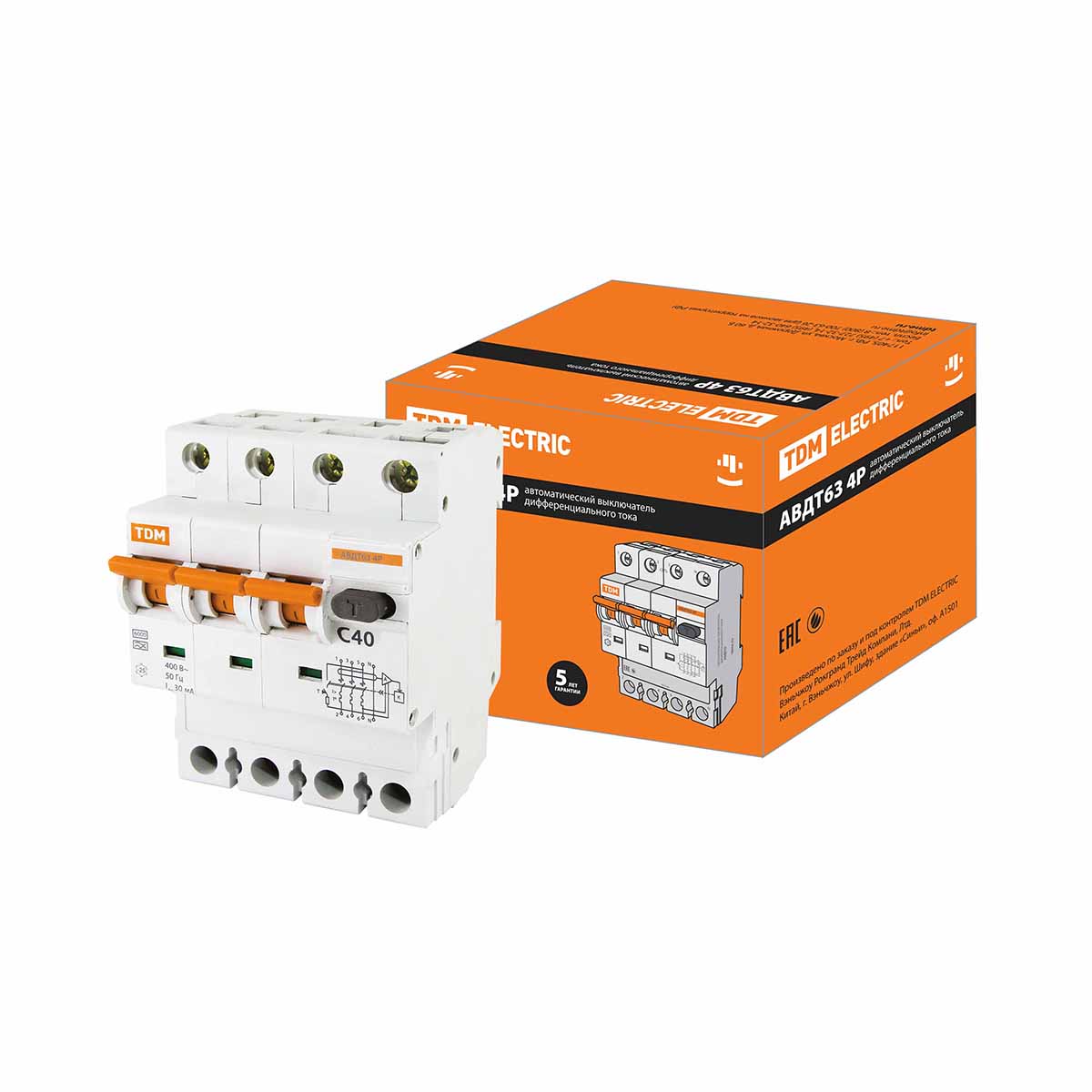 Дифференциальный автомат. выключатель авдт 63 4p(3р+n) c40 30ма 6ка тип а (3/30) tdm sq0202-0020