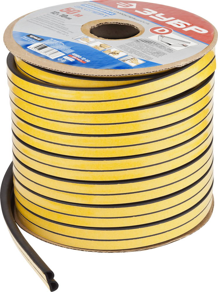 Резиновый промышленный уплотнитель ЗУБР КОНТУР самоклеящийся, профиль ″D″, размер 12х10мм, чёрный, 50м