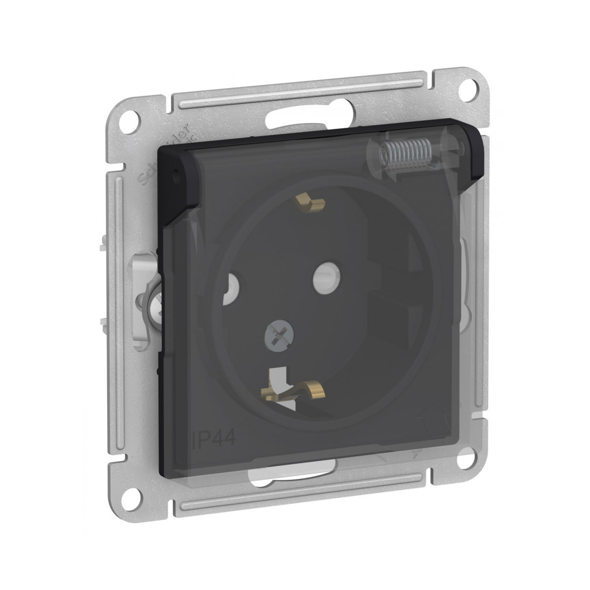 Розетка "atlasdesign aqua" 1 местн. с заземл, с штор, с крыш (мех.) 16а, карбон (1/5/20) "schneider"