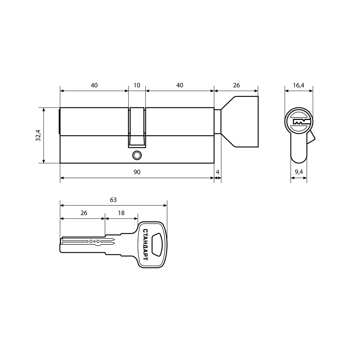 Цилиндров. механизм z.f.90в-5k sn (ключ/вертушка) матовый никель (1/12/120) "стандарт"