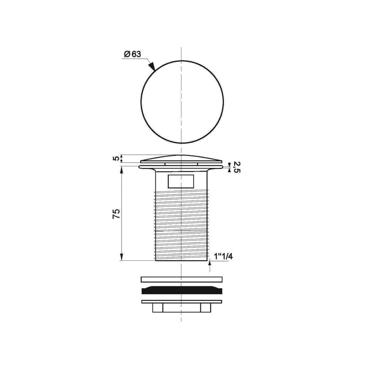 Выпуск "quick clac" латунный 1 1/4" крышка d=63 мм, с отверст. для перелива, l75 мм (1/32) "wirquin"