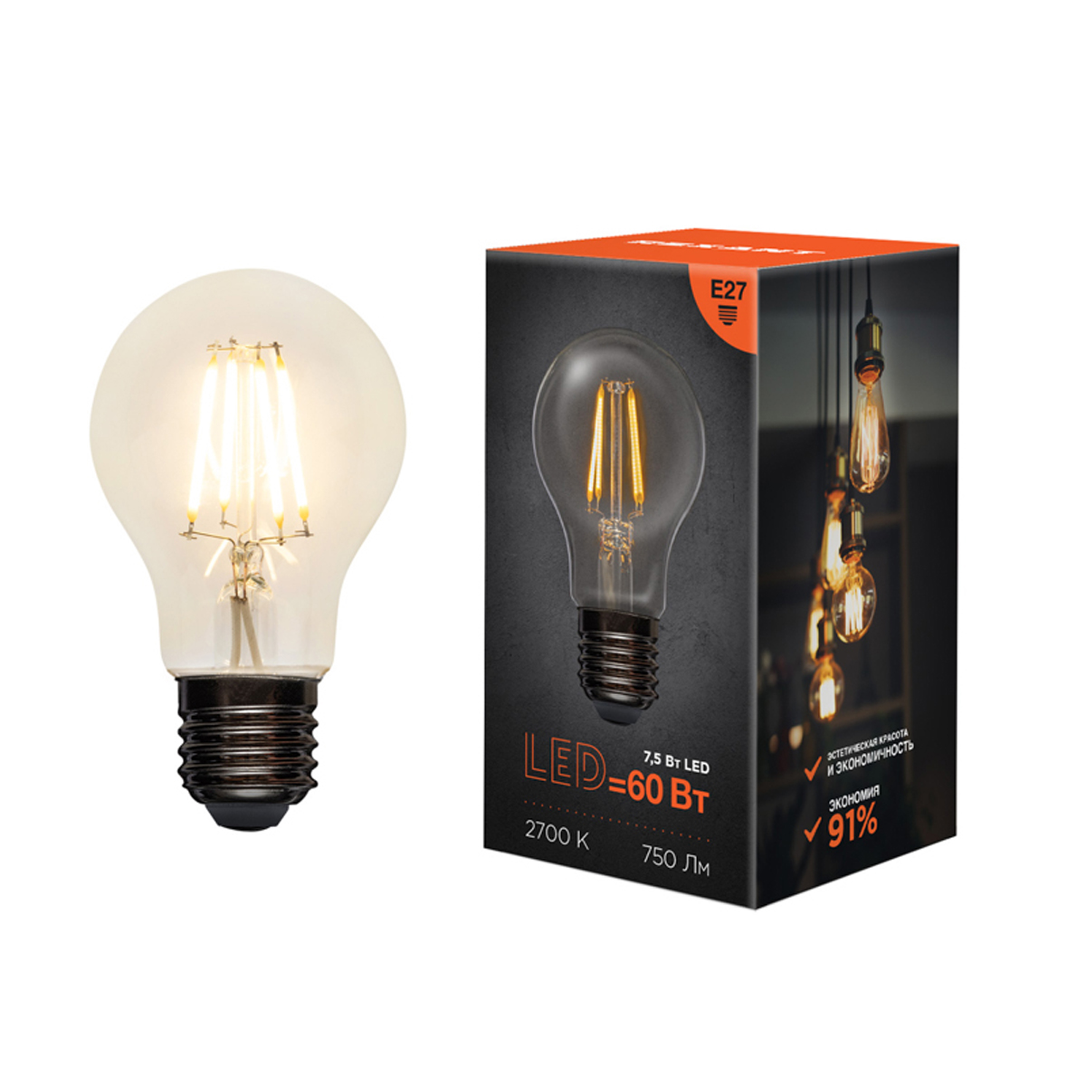 Лампа филаментная "rexant" груша а60  7,5w 2700 k 750 лм  e27 (прозрачн.) (10/100) 604-148