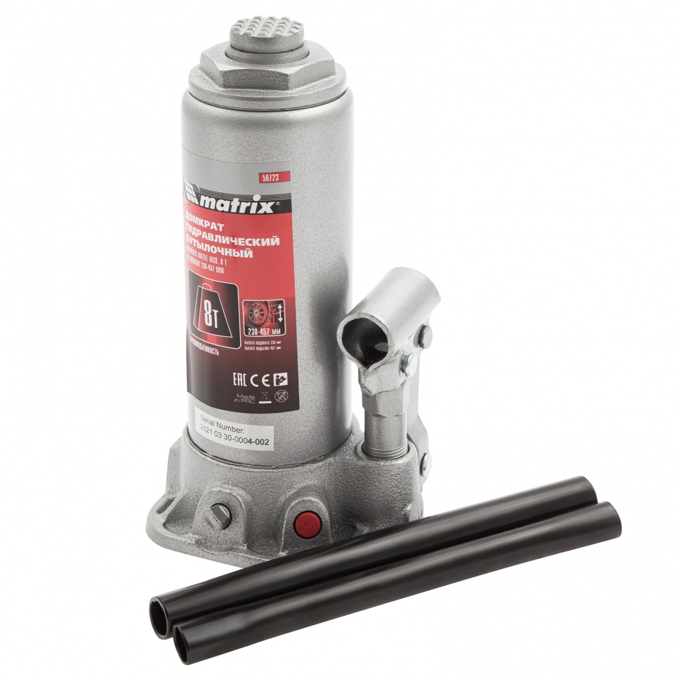Домкрат гидравлический бутылочный, 8 т, высота подъема 230-457 мм Matrix (50723)