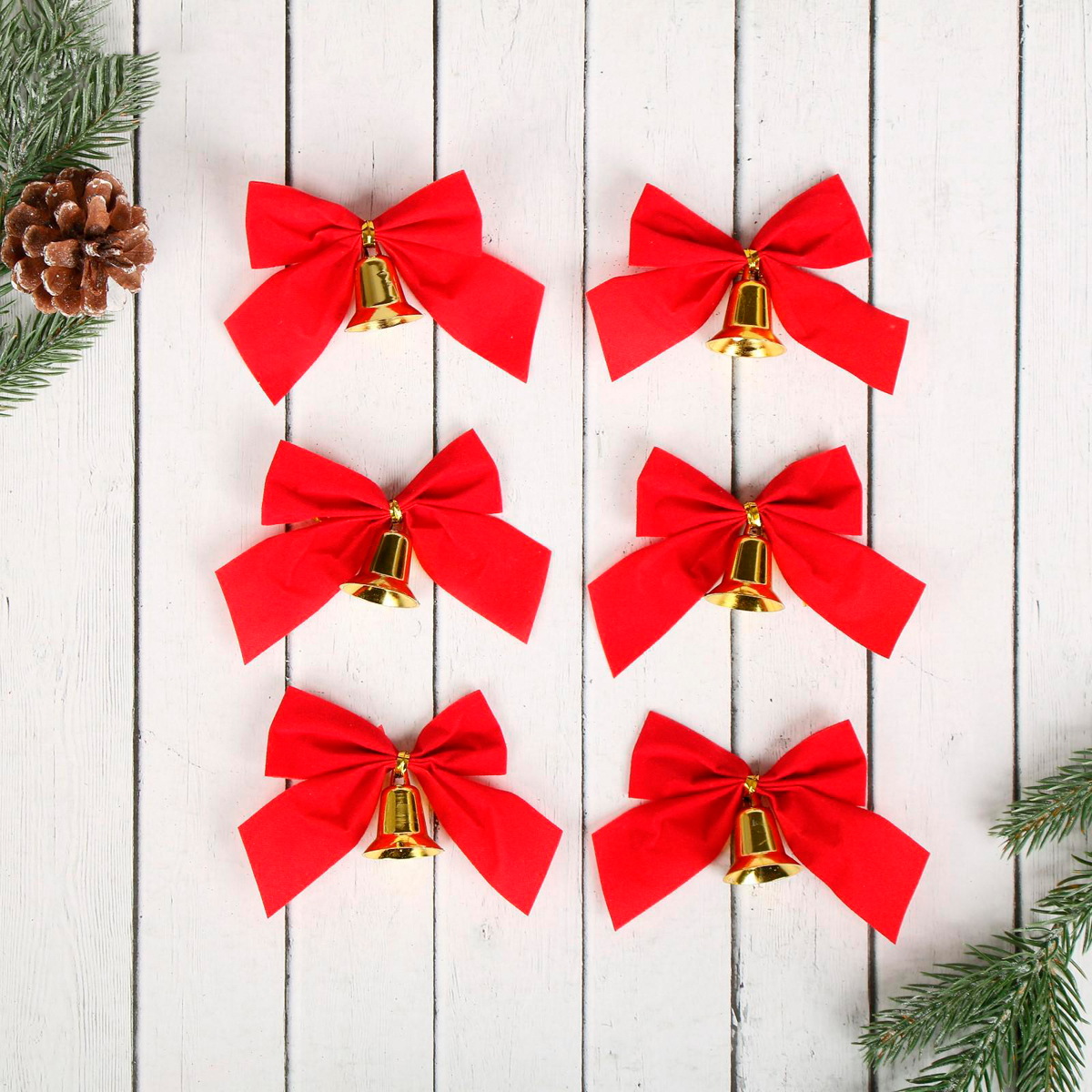 Украшение новогоднее "бантик с колокольчиком" (набор 6 шт.) 10 см, красный 543772