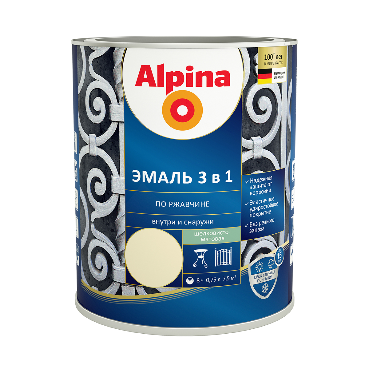 Грунт- эмаль по ржавчине 3 в 1 слоновая кость (ral 1015) 0,75 л (1/6) "alpina"