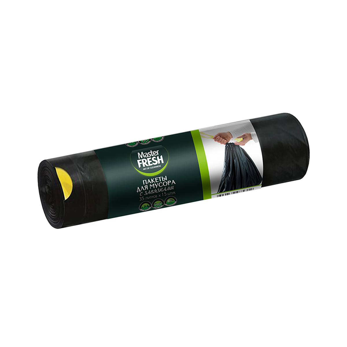 Пакеты для мусора с завязками 35 л рулон 15 шт. (зеленые) 14 мкм (1/25) "master fresh"