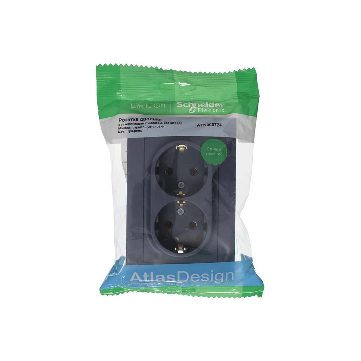 Розетка "atlasdesign" 2-х местн. с заземл. 16а, грифель (1/6/36) "schneider"