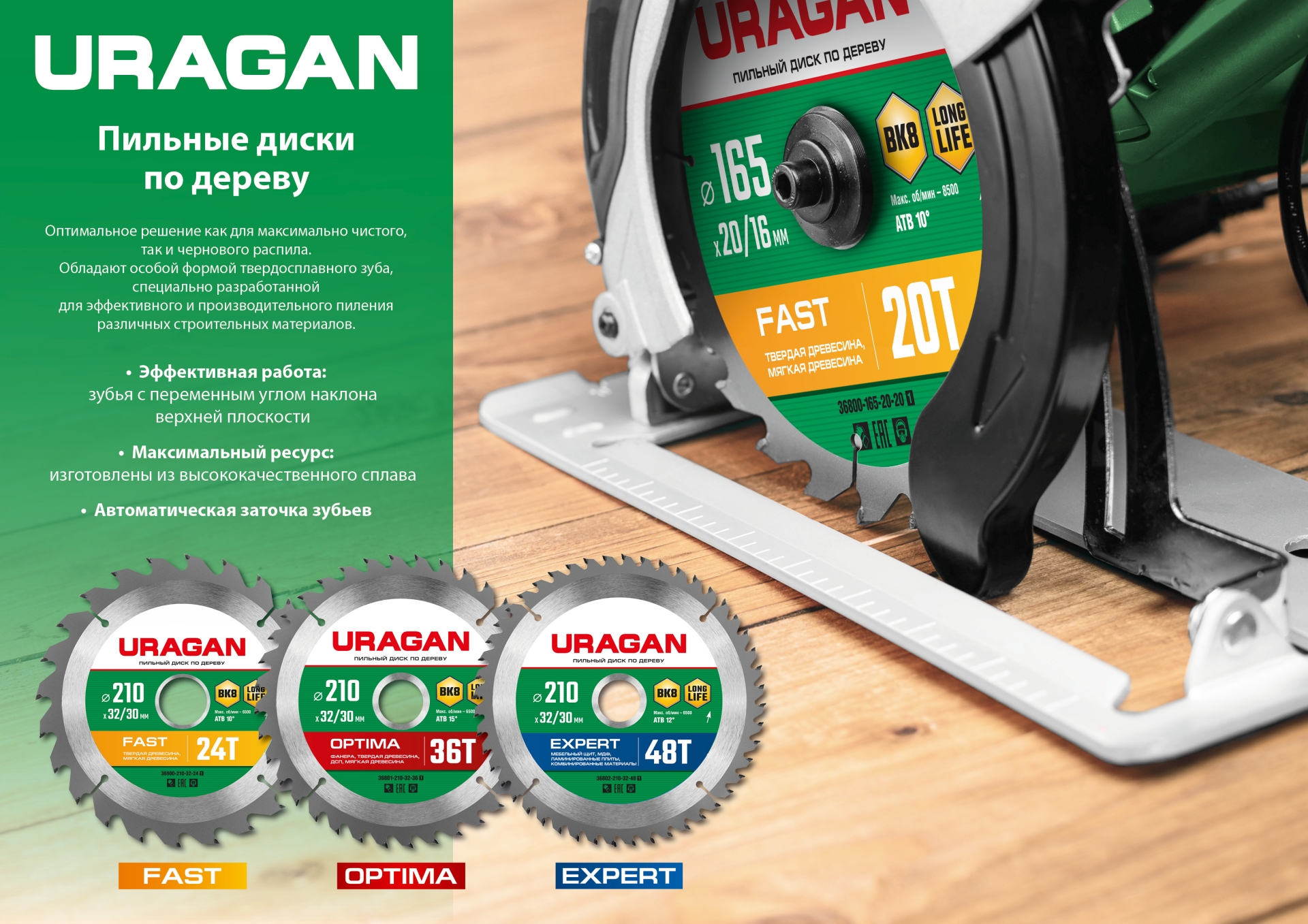 URAGAN Fast 165х20/16мм 20Т, диск пильный по дереву