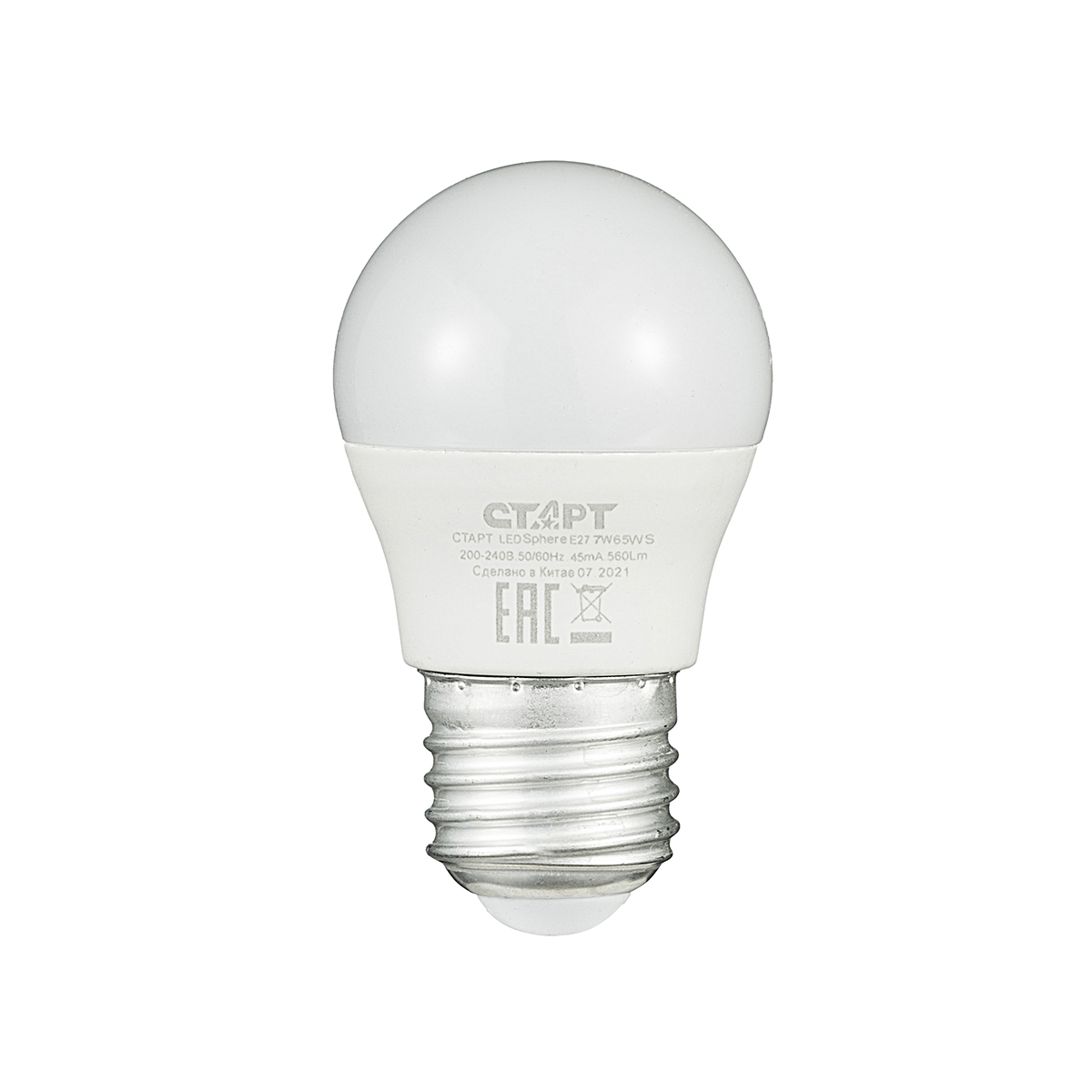 Лампа светодиодная "старт эко" шарик 7w 6500 к  e27, белый хол. свет (10/100)