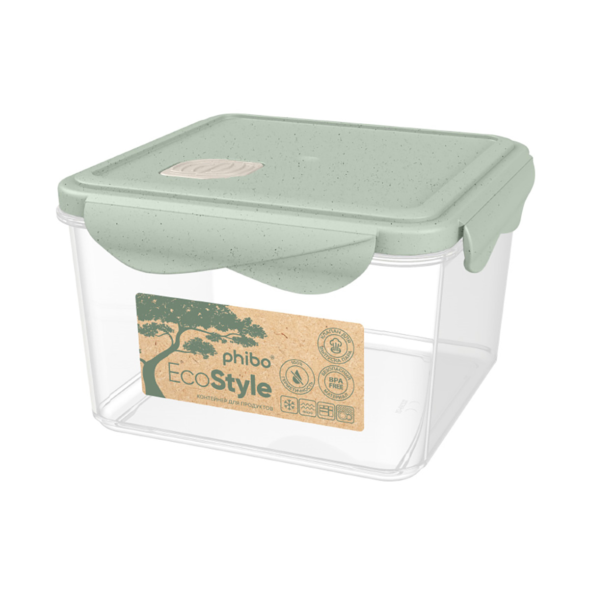 Контейнер для свч и холодильника "eco style" с клапаном 1,6 л квадр. (зеленый флэк)(1/12) "бытпласт"