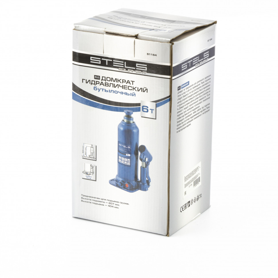 Домкрат гидравлический бутылочный, 6 т, h подъема 207-404 мм Stels (51164)