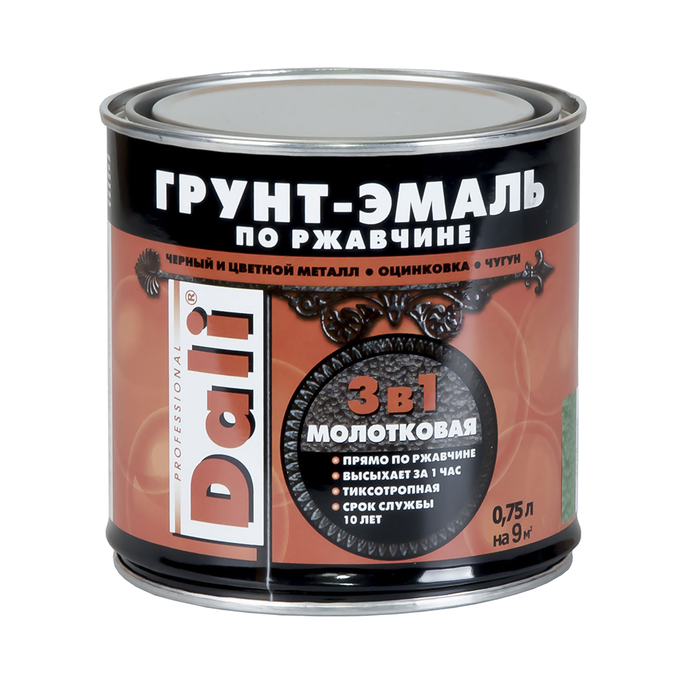 Грунт- эмаль по ржавчине "dali" 3 в 1 молотковая коричневая  0,75 л (6) "рогнеда"