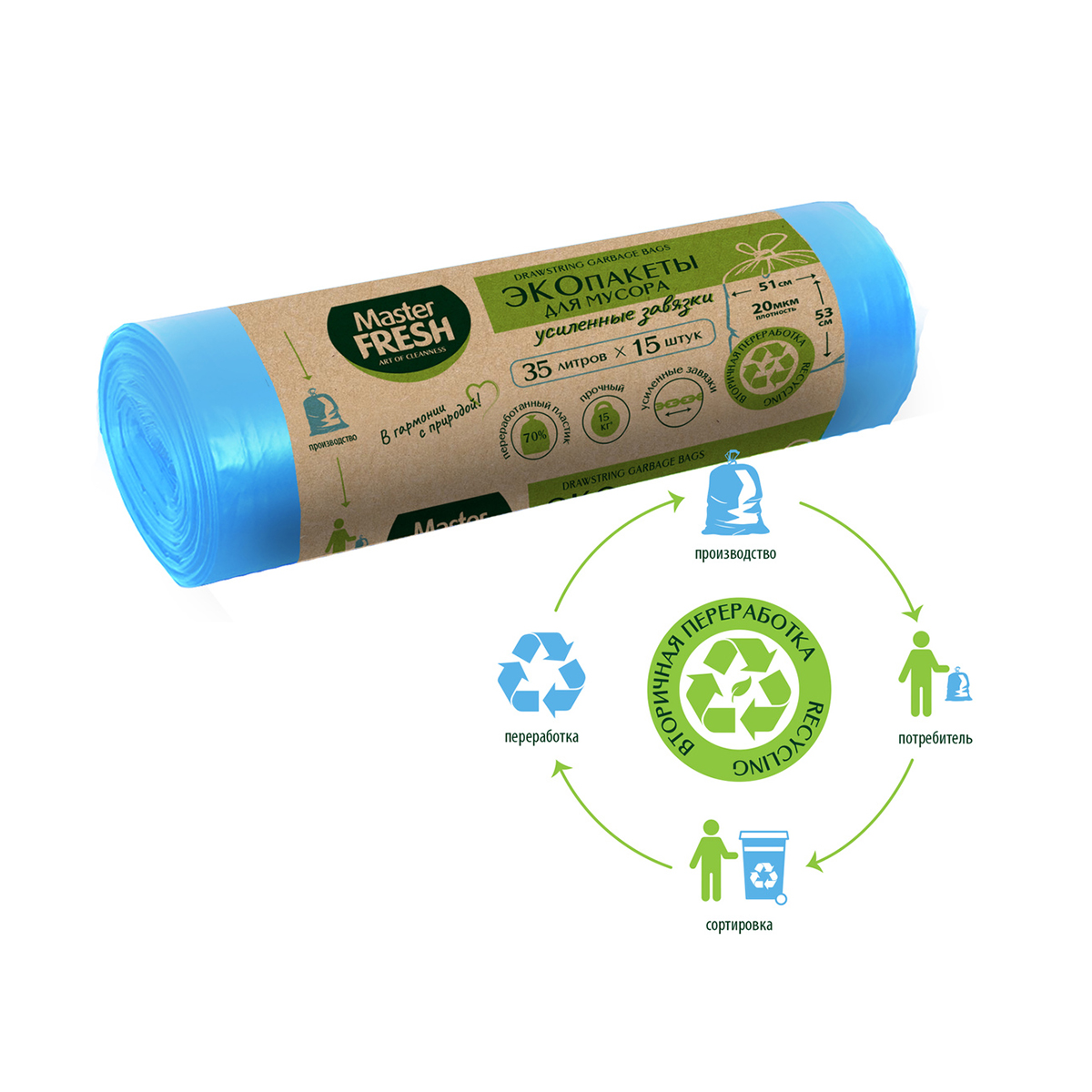 Пакеты для мусора с завязками "эко" 35 л рулон 15 шт. (голубые) 20 мкм (1/25) "master fresh"