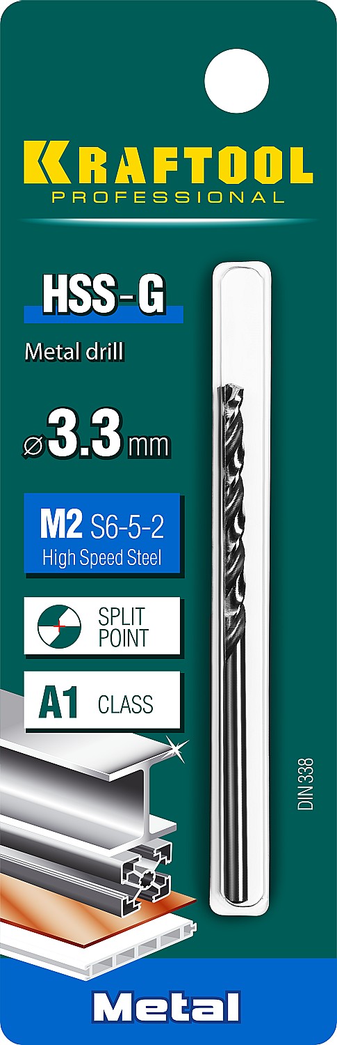 KRAFTOOL HSS-G, 3.3 х 65 мм, сталь P6M5, сверло по металлу (29651-3.3)