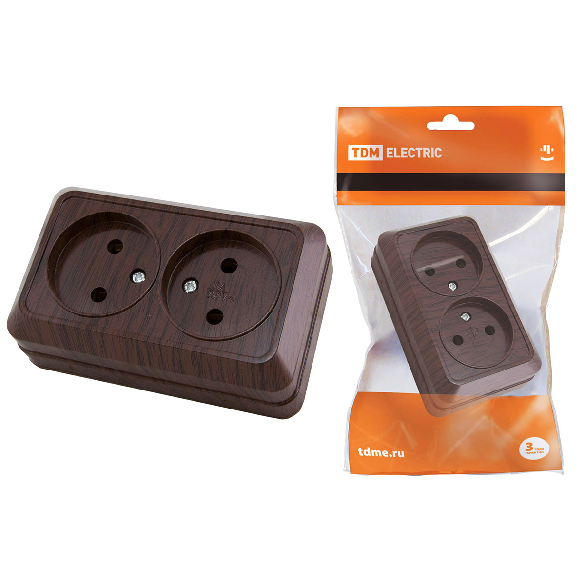 Розетка двойная открыт. уст. 10а 250в ip20  "ладога" бук (1/10/100) tdm sq1801-0035