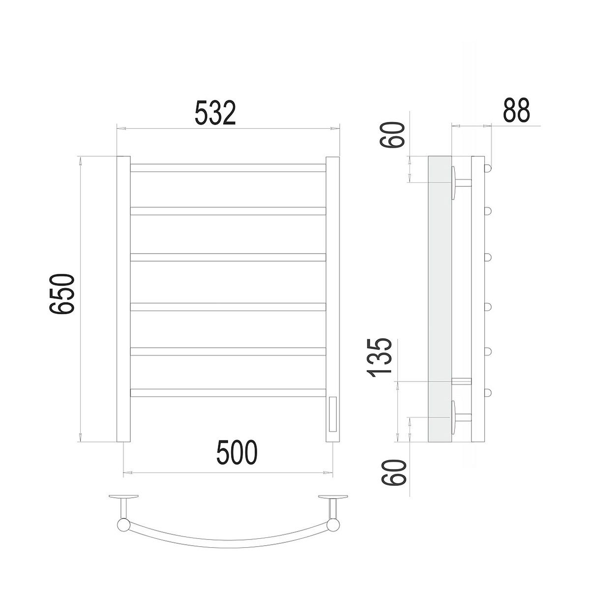 Полотенцесушитель электрич. "классик" п6 500*650 (хром) "terminus"
