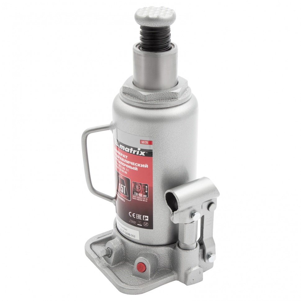 Домкрат гидравлический бутылочный, 15 т, высота подъема 230-460 мм Matrix (50729)