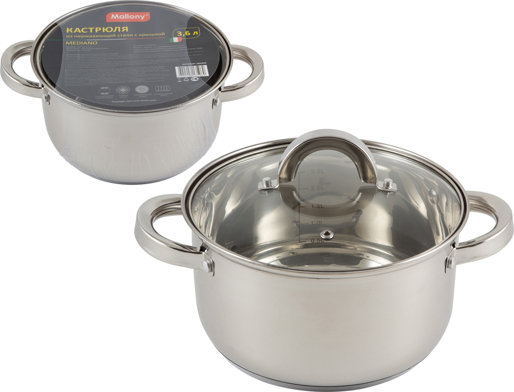 Кастрюля нержав. "mediano" 3,6 л стекл. крышка,  20*11,5 см (1/6) "mallony"