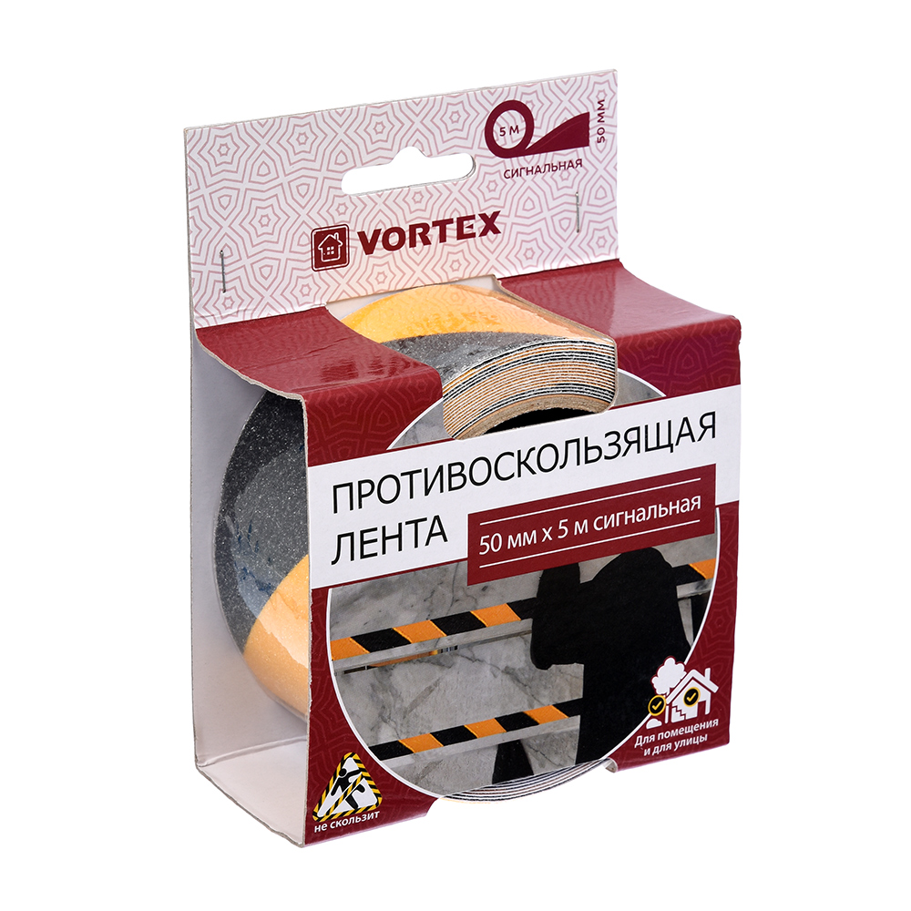 Лента клейкая противоскольз. 50 мм х 5 м черно-желтая (1/24) "vortex" 24160