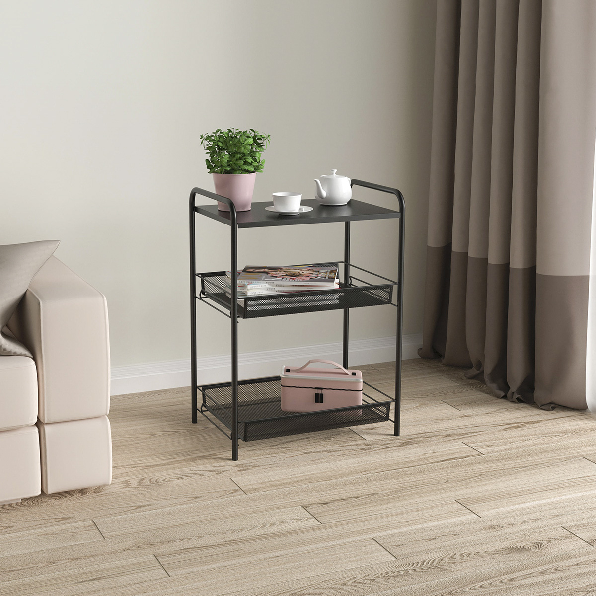 Этажерка "ладья 33с" 2 корзины + полка (300*450*610 мм) черный (1) э557 ч