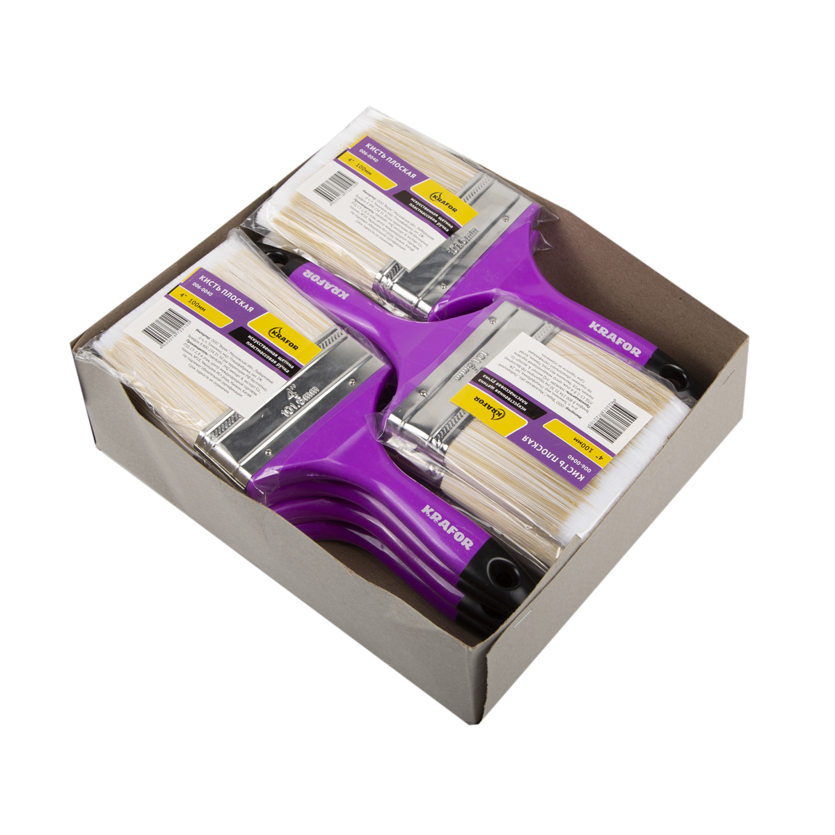 Кисть плоская искусств.щетина  №4 /100 мм  (12/120) пласт.ручка "krafor" 006-0040