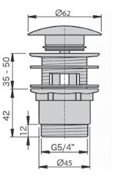 Водослив для умывальника click/clack 1"1/4, цельнометалл. с большой заглушкой, низкий M1108 MIANO