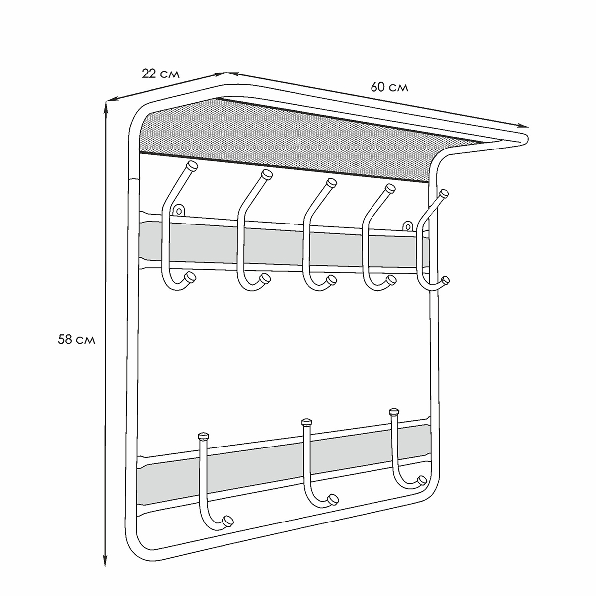 Вешалка настенная с полкой "гранада 22" (8 крючков) 600*220*580 мм белый (1) вспг22 б