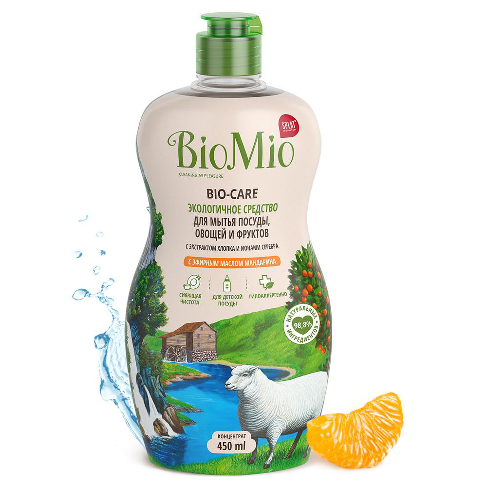Средство для мытья посуды "bio-care" (мандарин, хлопок, серебро) концентрат 450 мл (1/15) biomio