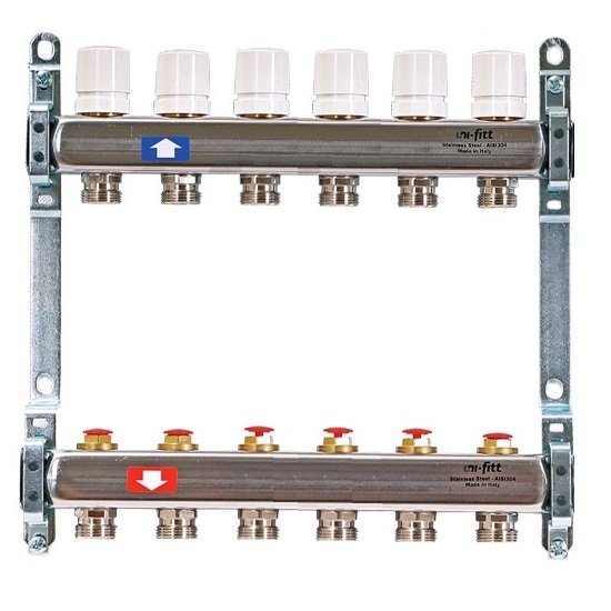 Колл. группа на 6 выходов UNI-FITT 1"x3/4" ЕК с рег. и термостатическими вентилями - нерж. сталь