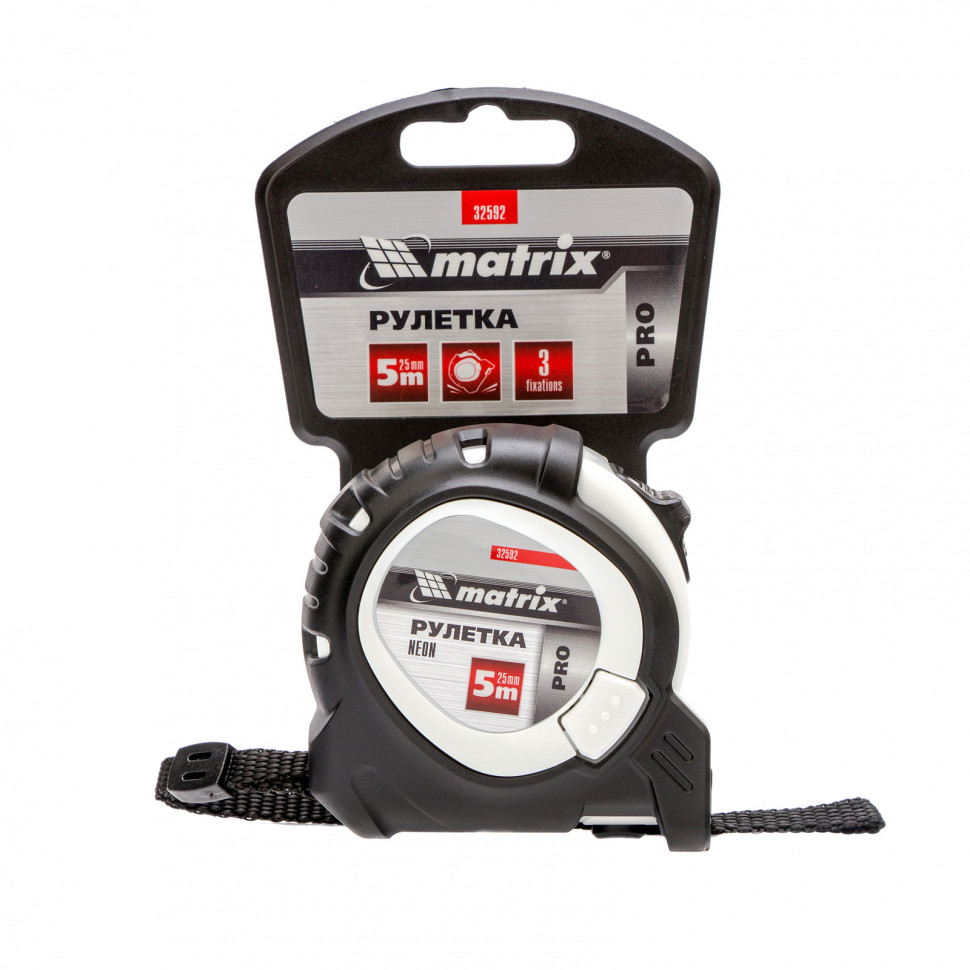 Рулетка Neon, 5 м x 25 мм, обрезиненный корпус, 3 фиксации, Pro Matrix (32592)