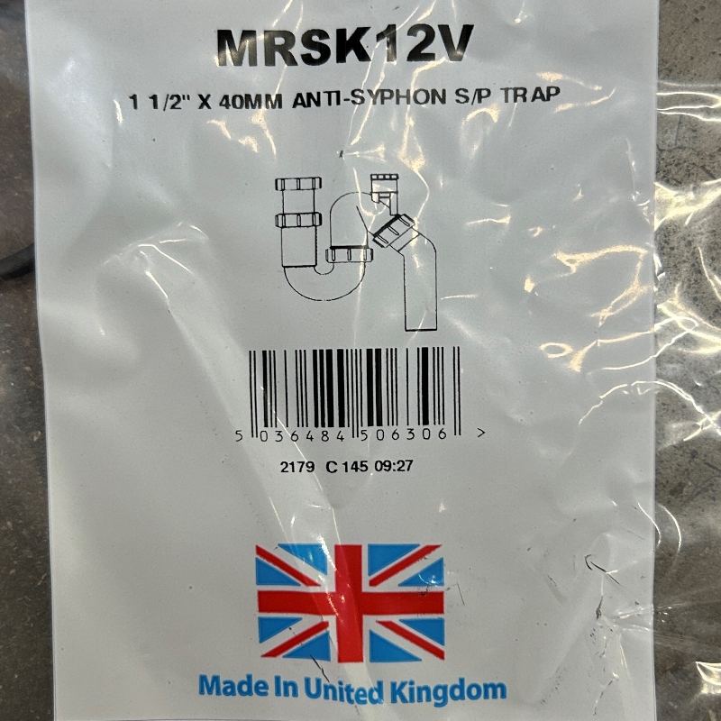 Сифон McALPINE трубный S-образный 1 1/2" х 40 мм без вып. с вент. клапаном, выход 40 мм