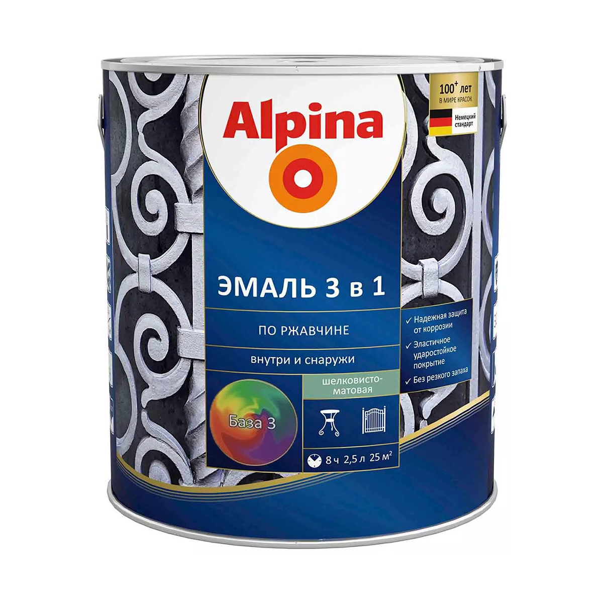 Грунт- эмаль по ржавчине 3 в 1 база 3 (бесцветная) 2,5 л (1/4) "alpina"