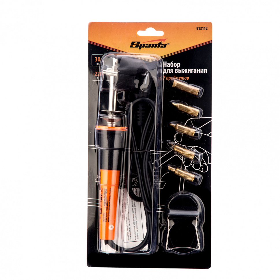 Набор для выжигания, 7 предметов: паяльник 30 Вт, подставка, жала сменные Sparta (913112)
