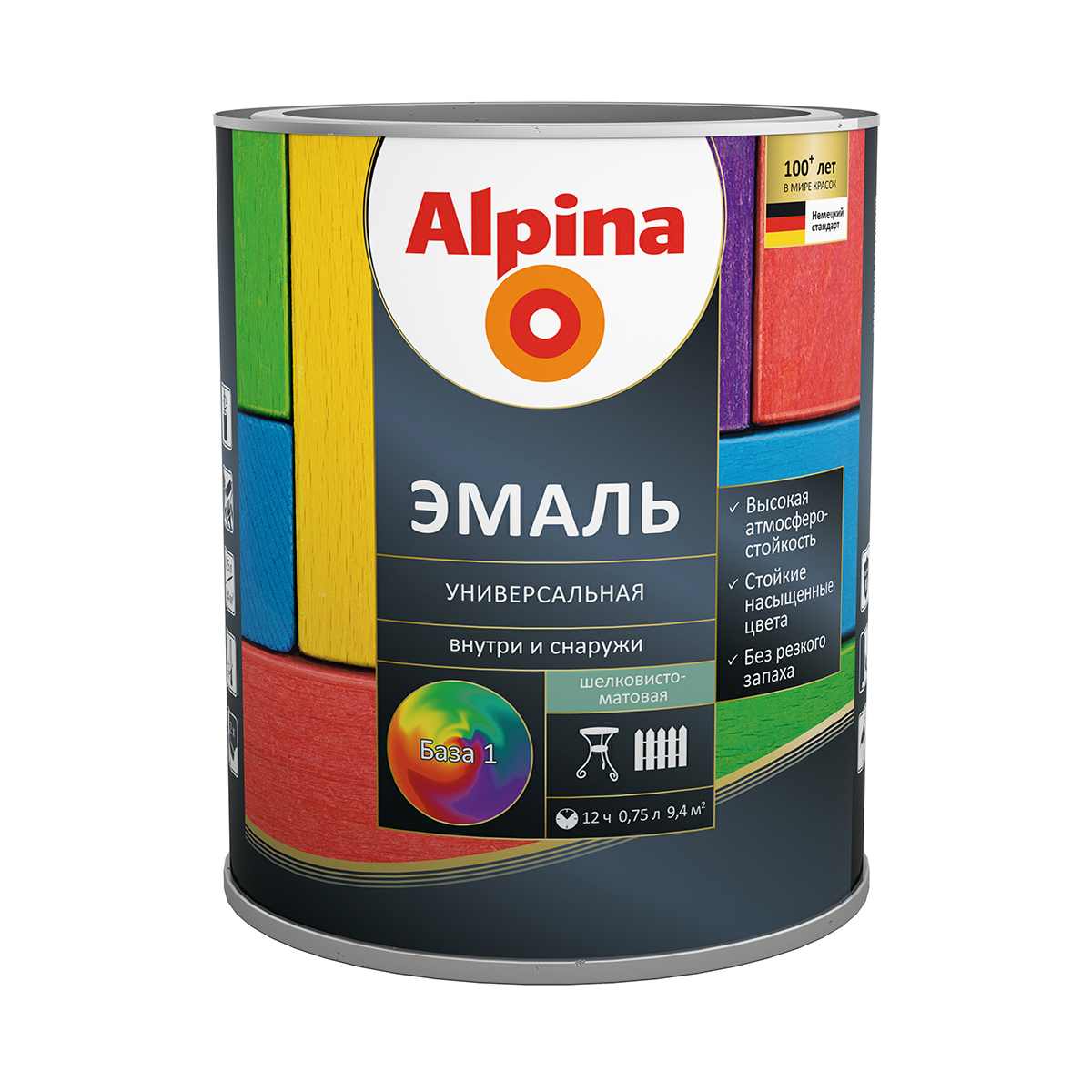 Эмаль алкидная универс. шелковисто-матовая база 1 (белая) 0,75 л (1/6) "alpina"