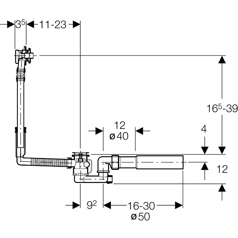Слив-перелив Geberit для ванны, полуавтомат, 65,7 x 28,5 см, d=52, арт. 150.520.21.1