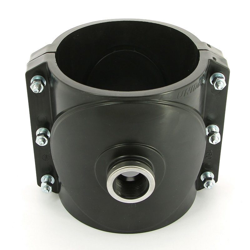 Врезка монтажная седельная 160 x 1"1/4 ВР, 6 болтов, для водопроводных труб ПНД UNIDELTA