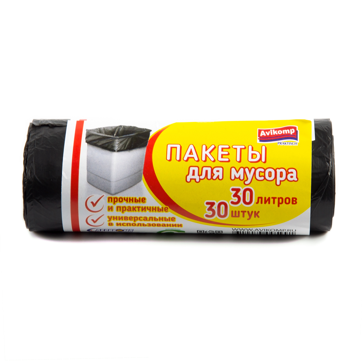 Пакеты для мусора "praktisch"  30 л, рулон 30 шт. (черные) 7 мкм (1/50) "avikomp"