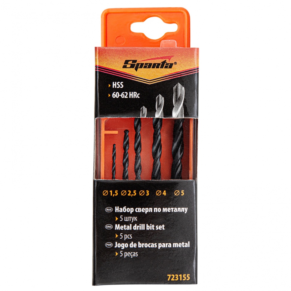 Набор сверл по металлу, 1.5-2.5-3-4-5 мм, HSS, 5 шт, пластиковый бокс, цилиндрический хвостовик Sparta (723155)