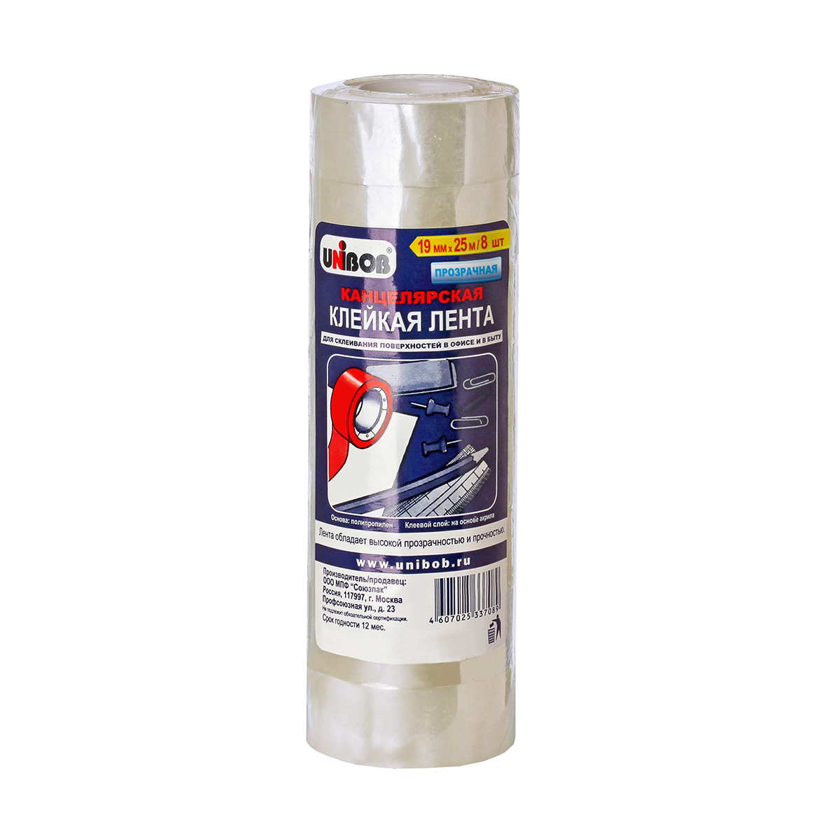 Скотч канцелярский "unibob" 19 мм х 25 м  (прозрачный) упак. 8 штук (1/42)