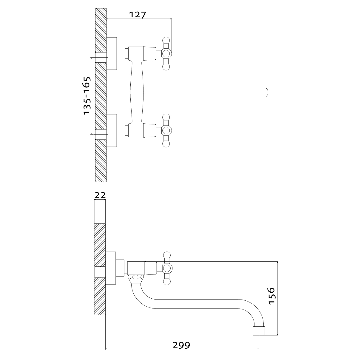 Смеситель для кухни (настенный) g02-74  длинный поворот. излив, двухвентильный (1/12) "rossinka"